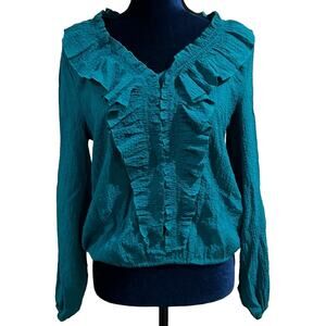 Andrew Marc New York Turquoise Ruffle Neck Top long Sleeve Sz S